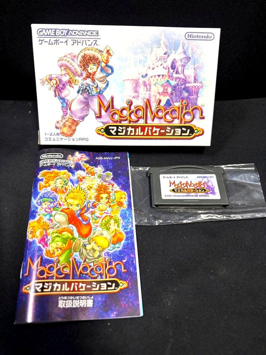 GBA Magical Vacation game cartridge, original box, and instruction manual for Nintendo Game Boy Advance