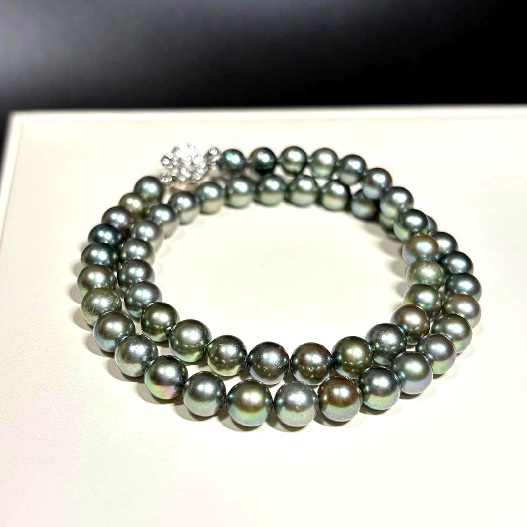 Akoya pearl peacock necklace with 7-7.5mm round pearls and silver SV clasp measuring about 42cm