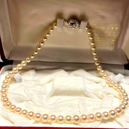 Elegant Akoya Pearl Necklace with 7mm pearls on a 43cm silver chain and silver clasp with 3 baby pearls