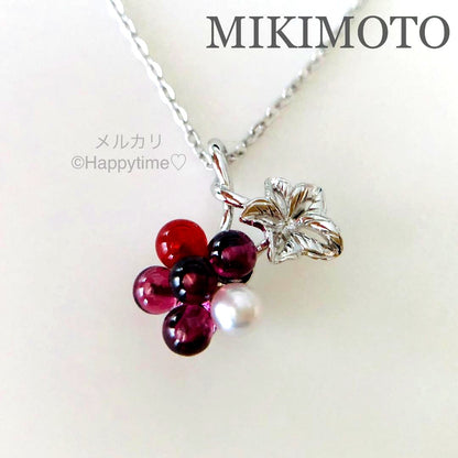 Mikimoto brooch and pendant necklace featuring Akoya pearl, carnelian, garnet stones on 40cm silver rhodium chain with box case