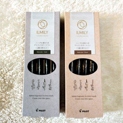 Two boxes of PILOT ILMILY herb scented ballpoint pens with used condition and slight packaging dents