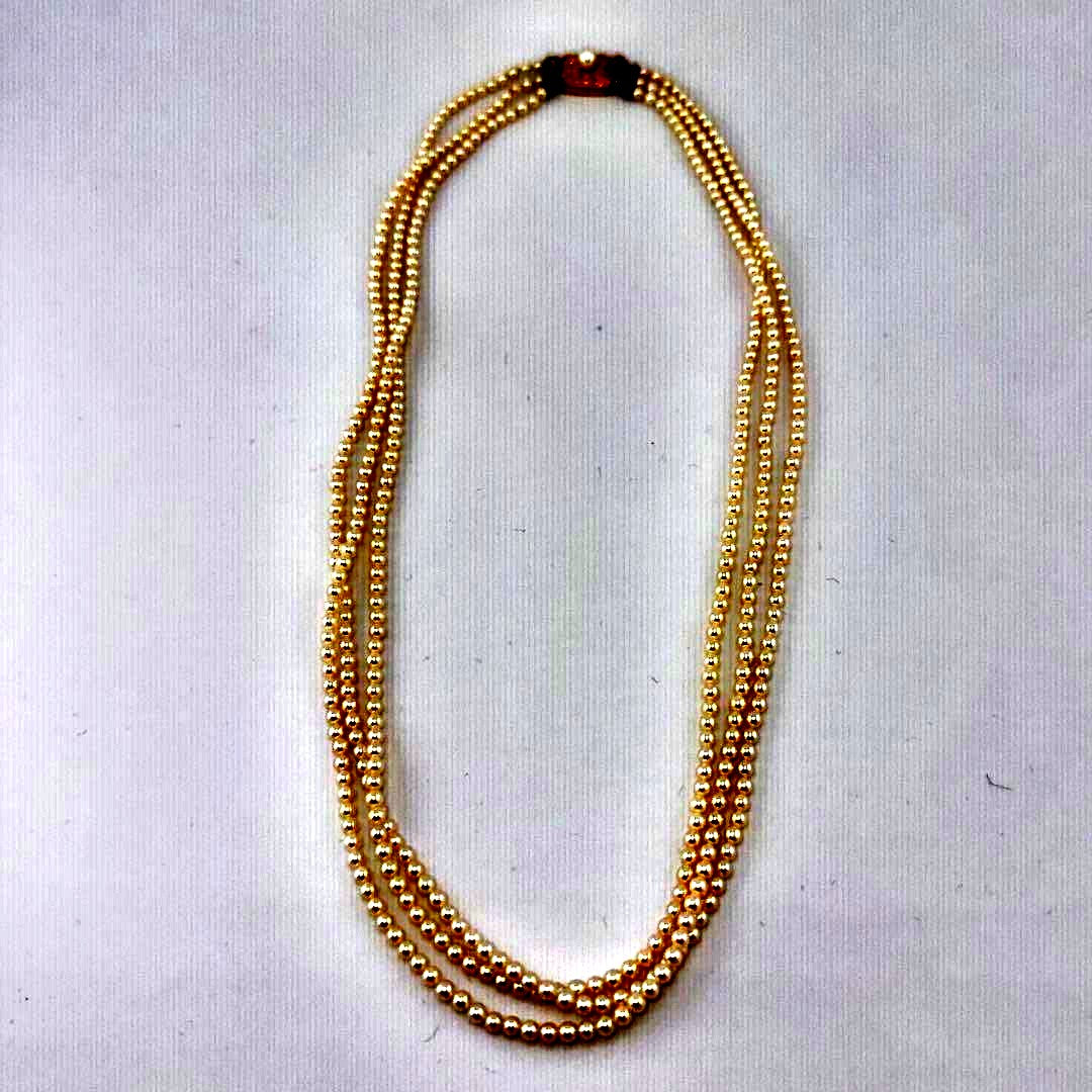 Law Mikimoto K14 yellow gold necklace with three rows of small 2.8mm Akoya baby pearls and Mikimoto clasp