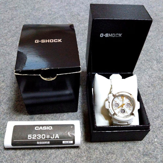 Casio G-Shock AWG-M100SGA-7AJF Solar watch with white and gold design and silicone strap