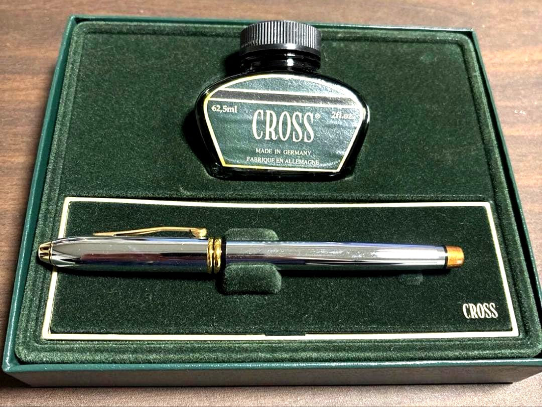 Cross pen and 62.5ml German-made ink bottle gift set with silver and gold contrast accents