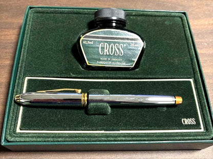 Cross pen and 62.5ml German-made ink bottle gift set with silver and gold contrast accents