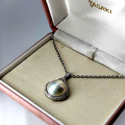 TASAKI Mabe Pearl Necklace with large 15mm iridescent pearl on silver chain