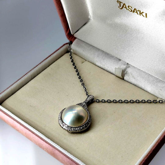 TASAKI Mabe Pearl Necklace with large 15mm iridescent pearl on silver chain