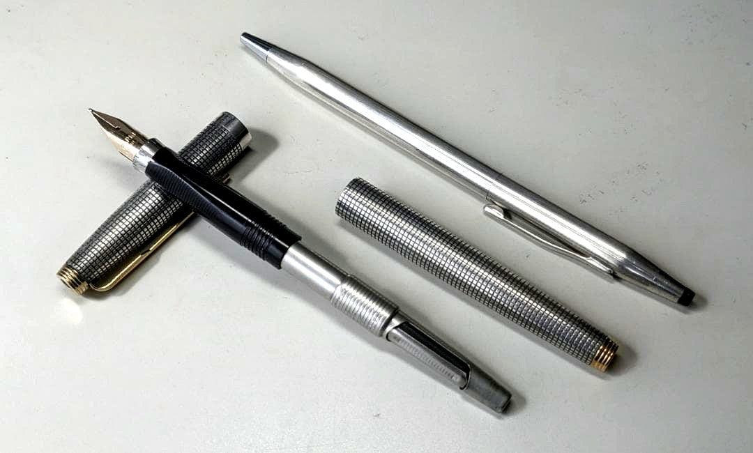 Parker 75 Sterling Silver Fountain Pen and Cross Ballpoint Pen set with new ink refill Japan Import