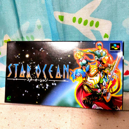 Super Famicom Star Ocean game cartridge in box with small dent on the box