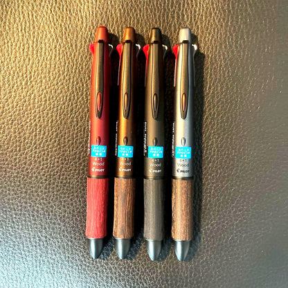 Set of 4 PILOT 4+1 wood multi-function pens with 4-color ballpoint and mechanical pencil feature