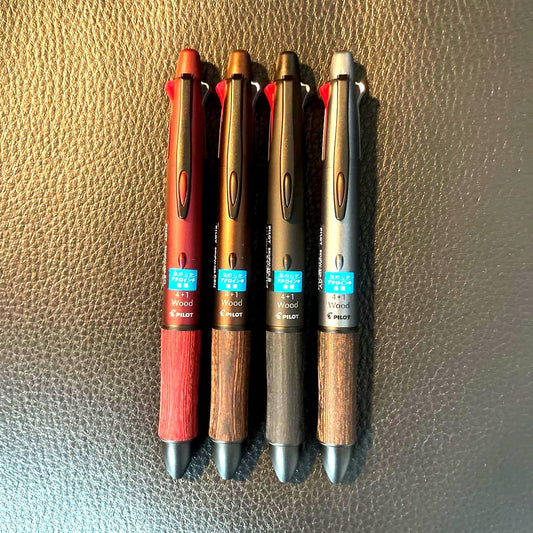 Set of 4 PILOT 4+1 wood multi-function pens with 4-color ballpoint and mechanical pencil feature