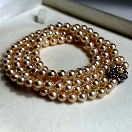 2-strand Akoya pearl necklace with 7mm pearls and silver clasp, 43.5cm length