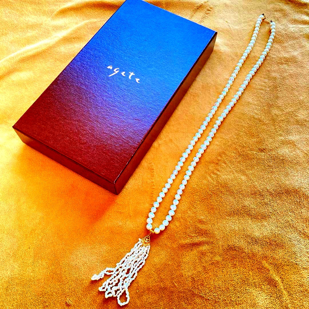 Agete K18 Akoya Pearl Necklace featuring lustrous pearls on a 60 cm gold chain