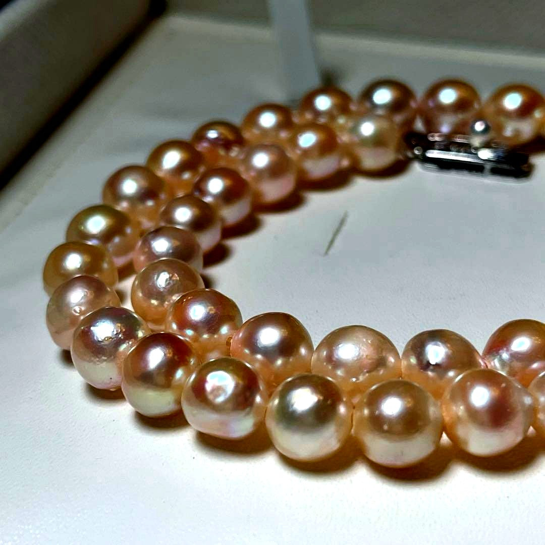 Akoya pearl necklace with large 8.0-9.0mm white semi-round pearls on silver chain 42.5 cm length