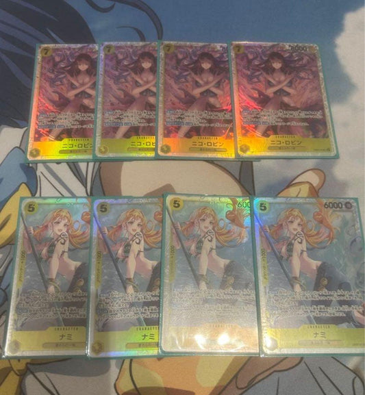 One Piece Nami and Robin SR set with four collectible cards in good condition intended for play use