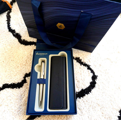 Waterman ballpoint pen set with black case and matching carrying bag, unused and new condition