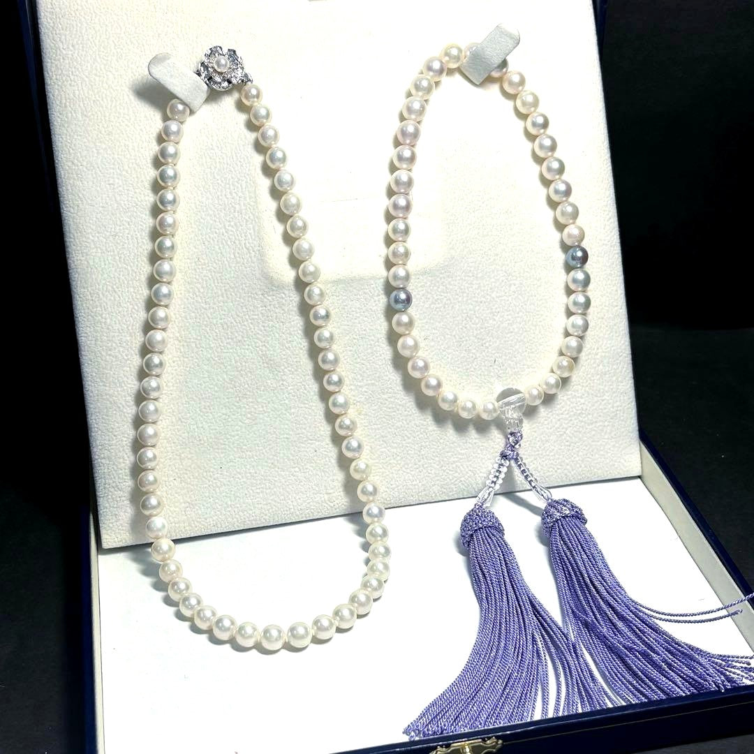 Iridescent Akoya pearl funeral set with two-piece necklace and bunch of prayer beads featuring silver clasp