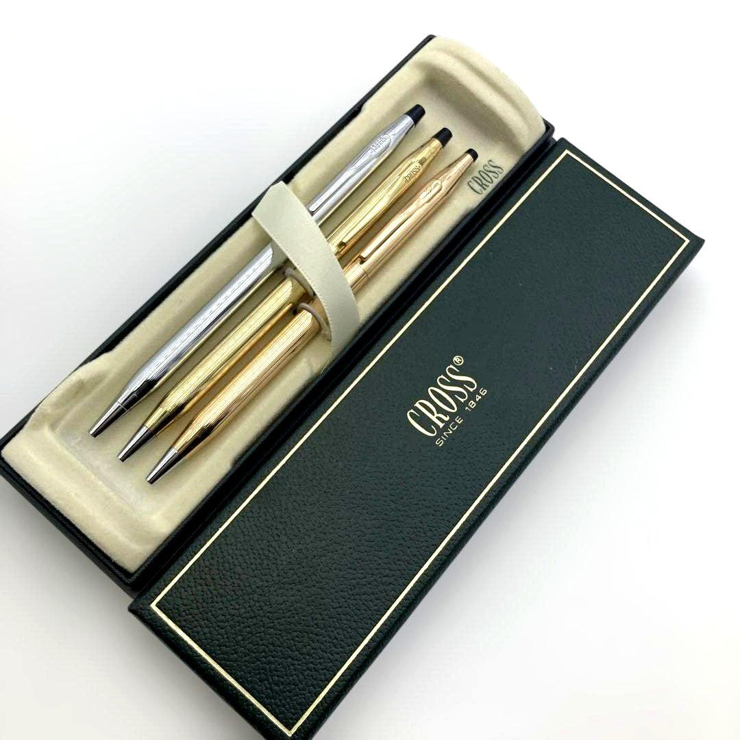 Cross 3-piece ballpoint pen set made of gold 14K and silver featuring two gold pens and one silver pen