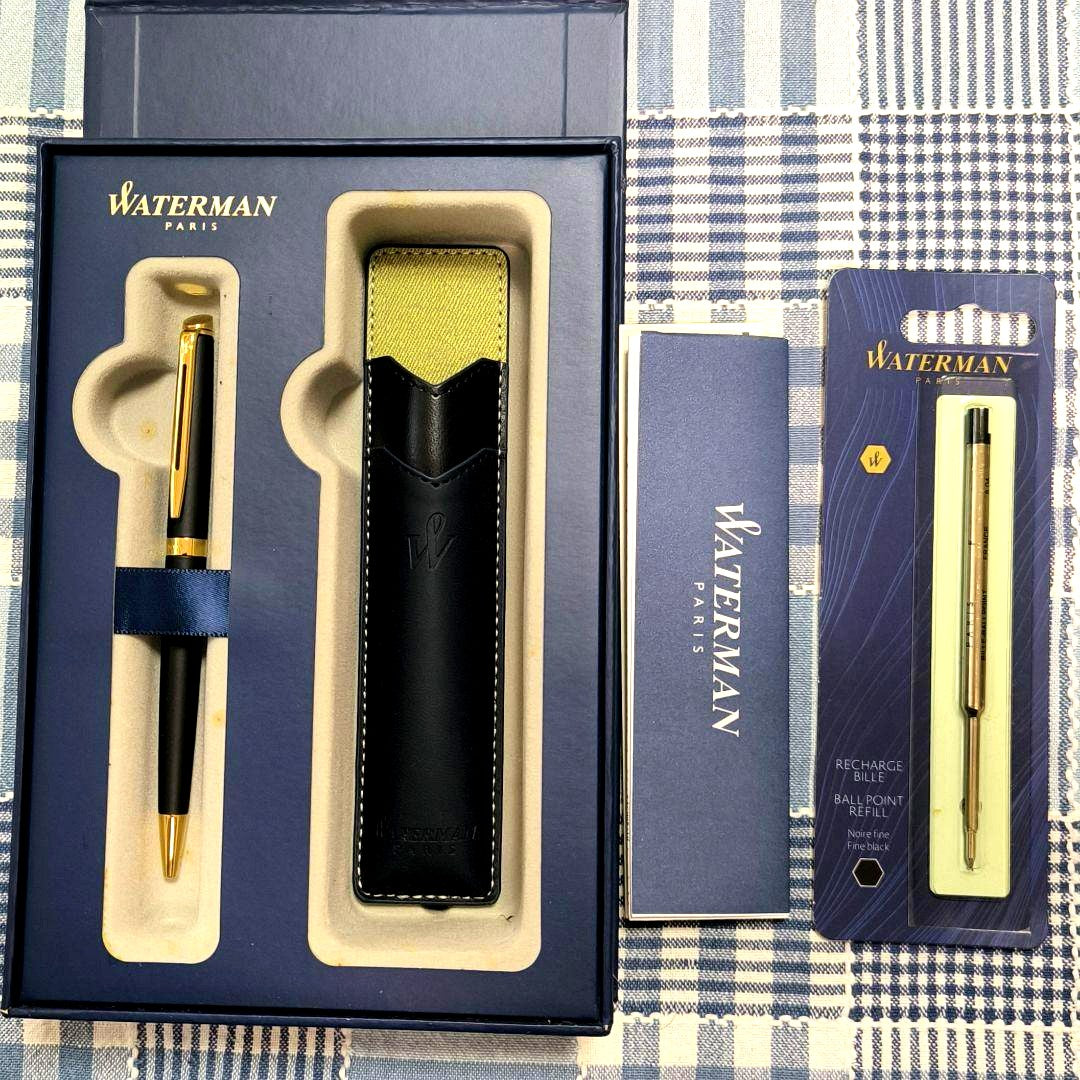 Waterman ballpoint pen set in matte black and gold with pen case and original packaging