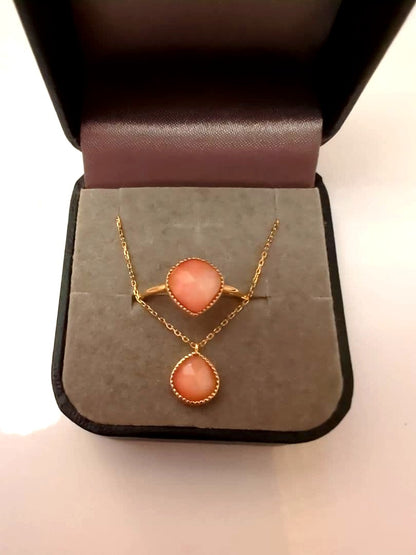 Agete gold necklace and ring set with coral and rutile quartz, ring size 11, new unused condition