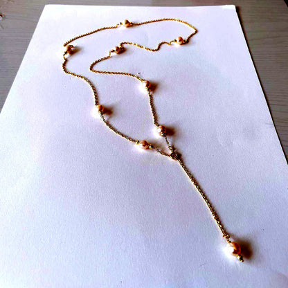 Akoya pearl baroque long Y-shaped necklace with 7mm pearls and gold granules on a 75cm chain