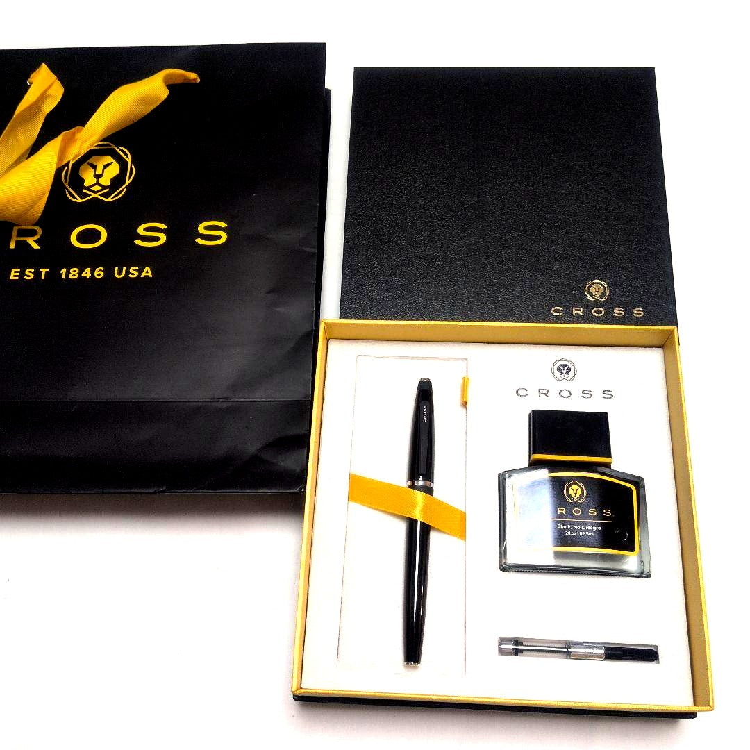 Cross Bailey black fountain pen gift set including pen, ink bottle with 62.5ml capacity, and paper bag