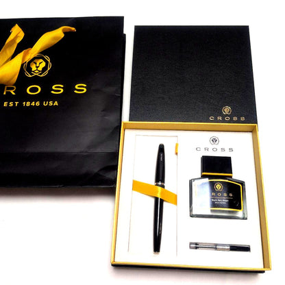 Cross Bailey black fountain pen gift set including pen, ink bottle with 62.5ml capacity, and paper bag