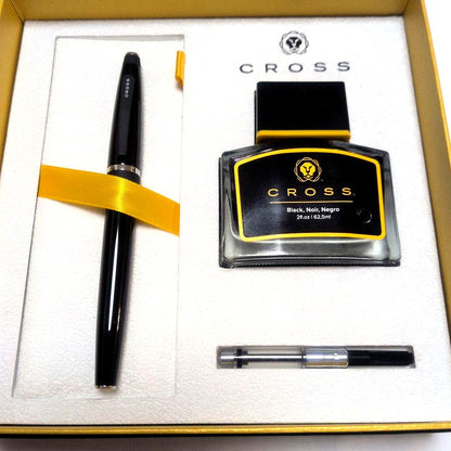 Cross Bailey fountain pen gift set with black pen, 62.5ml ink bottle, converter, gift box, and paper bag