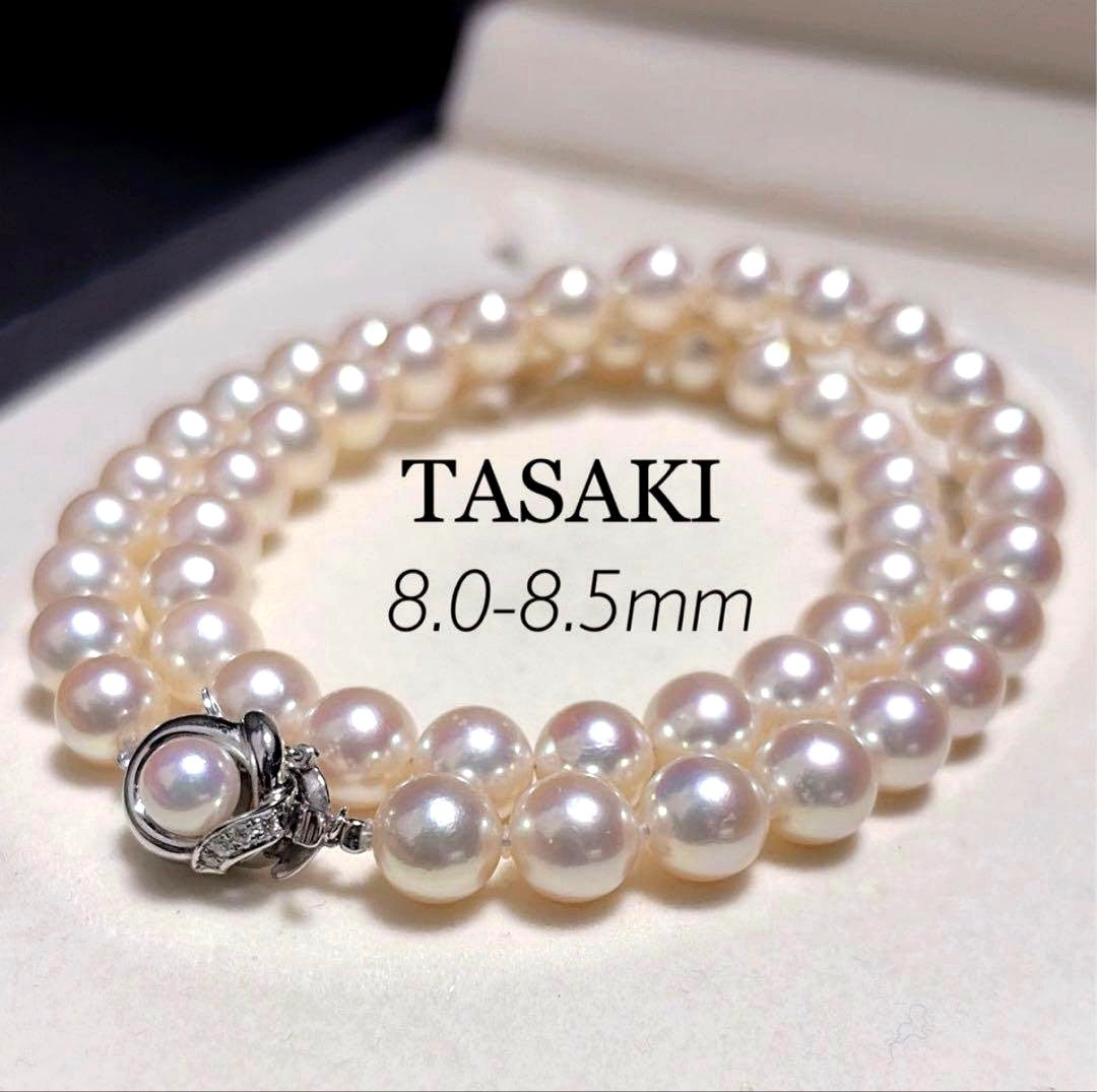 TASAKI Akoya Pearl Necklace with 8.0-8.5 mm pearls and 42 cm length displayed on a black background