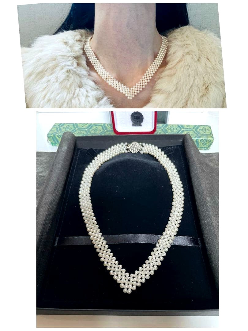 High-quality Aurora colored 5-row V-shaped Akoya pearl necklace with semi-round 3mm pearls and silver floral clasp