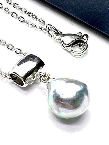 Akoya pearl necklace with natural blue rainbow-colored baroque pearl on stainless steel chain