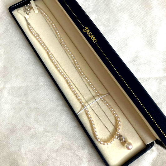 Tasaki freshwater pearl chain necklace with Akoya pearl and diamond top in 18K gold