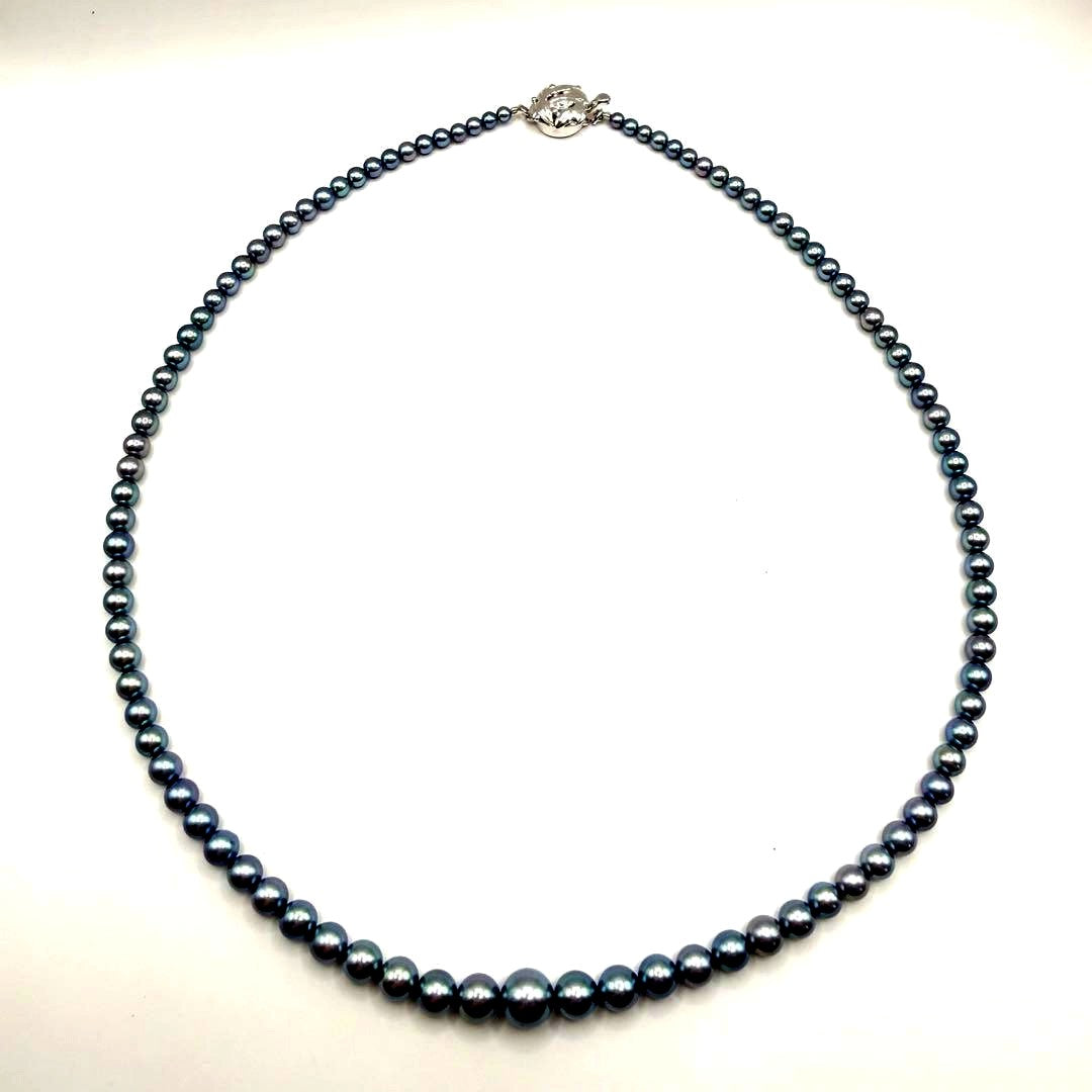 Akoya pearl necklace with metallic blue gradient baby pearls sized 3 to 7 mm on a 44 cm chain