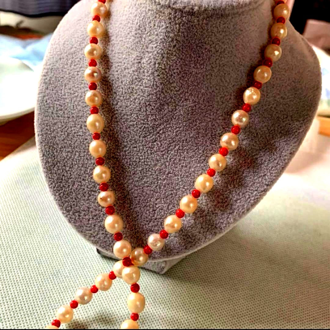 Akoya pearl necklace with red coral beads, 6mm pearls and 3.7-4mm coral beads, 60cm length