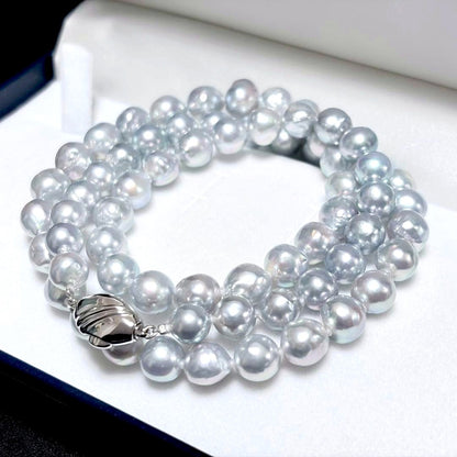 Akoya genuine pearl necklace featuring 8.0-9.0mm natural blue and gray pearls on a 43cm strand