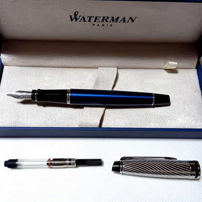 Waterman Expert Deluxe Metallic Blue CT Fountain Pen with metallic blue barrel and silver accents