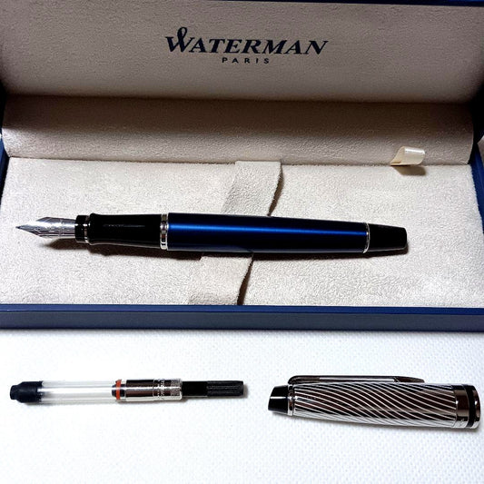 Waterman Expert Deluxe Metallic Blue CT Fountain Pen with metallic blue barrel and silver accents