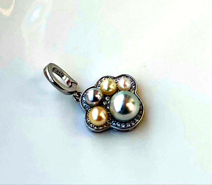Akoya pearl multi-color pendant with blue pearl center and openable heart-shaped paw print bail on S925 silver