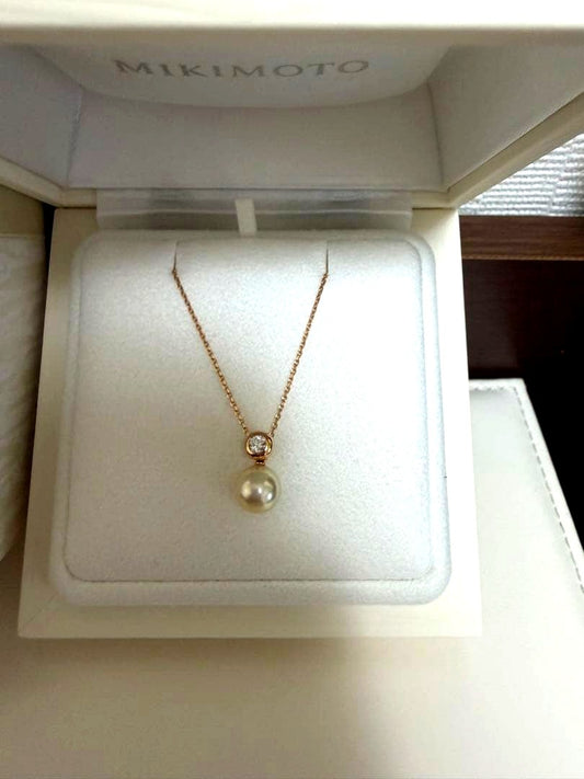 Law Pearl Diamond Pendant Necklace with 7.75mm pearl and diamond set in K18 rose gold