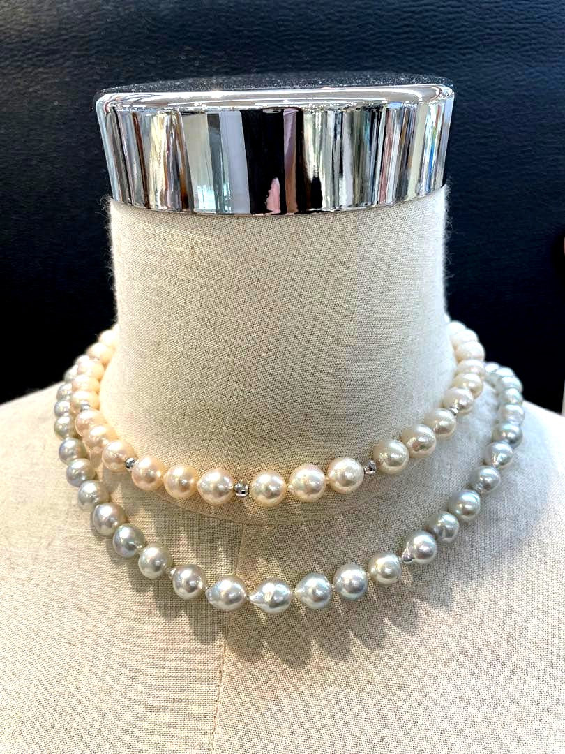Plain pearl design long necklace and matching earrings in white and gray with 8.5 to 9 mm pearls