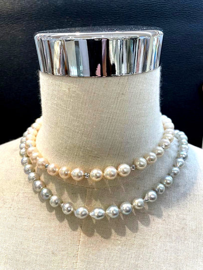 Plain pearl design long necklace and matching earrings in white and gray with 8.5 to 9 mm pearls