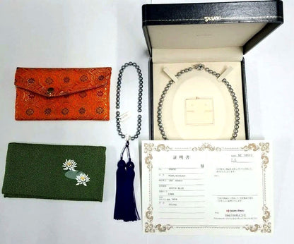 Tasaki Blue Gray Pearl Necklace 42 cm with matching Gray Pearl Prayer Beads Set