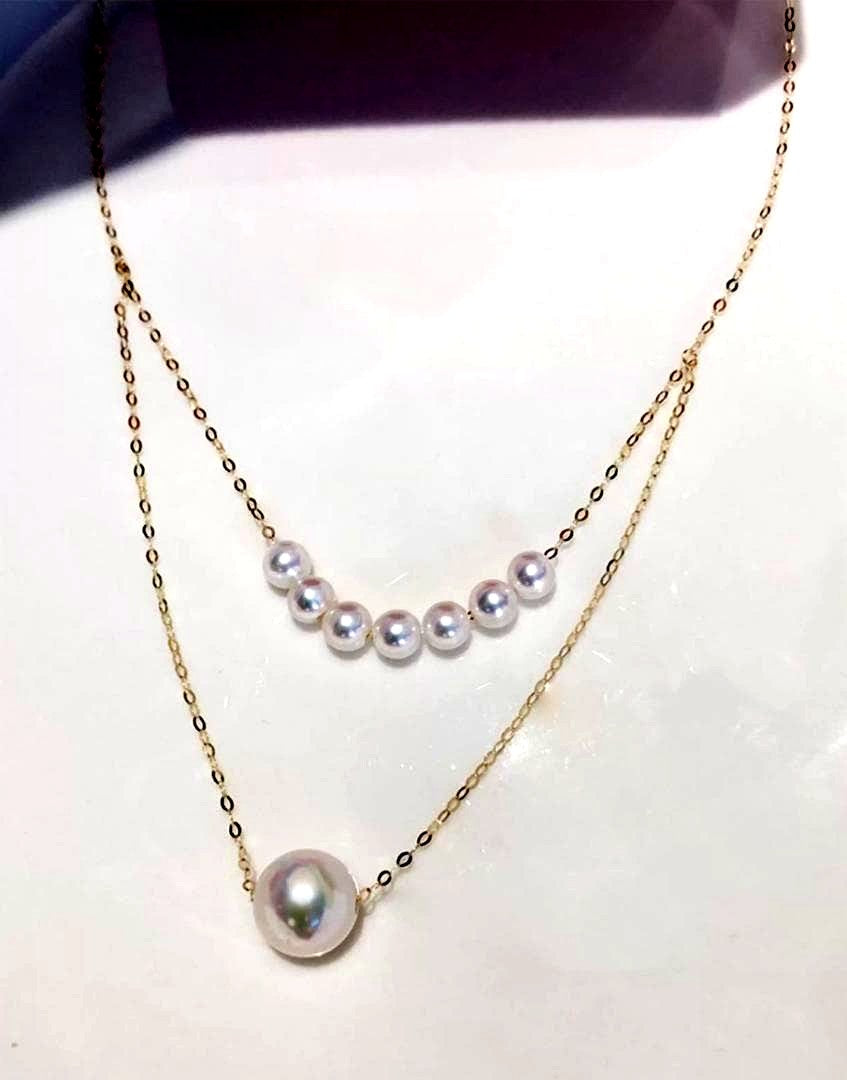 Law K18YG Akoya Pearl Smile Necklace featuring double strand pendant with 3.5-9mm pearls on 45cm chain