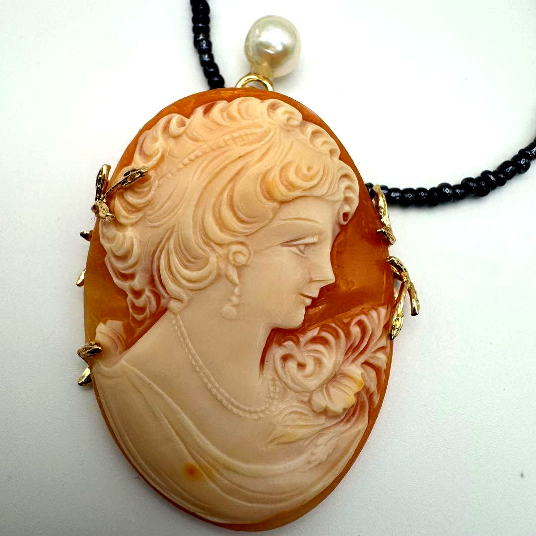 Large shell cameo pendant necklace with black spinel beads and 8mm Akoya pearls on silver 925 clasp chain