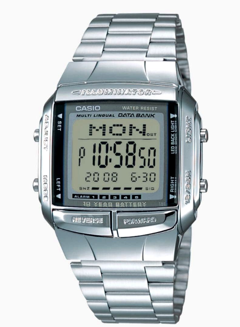 Casio Data Bank Series Model DB-360-1AJH watch with square silver face and stainless steel band