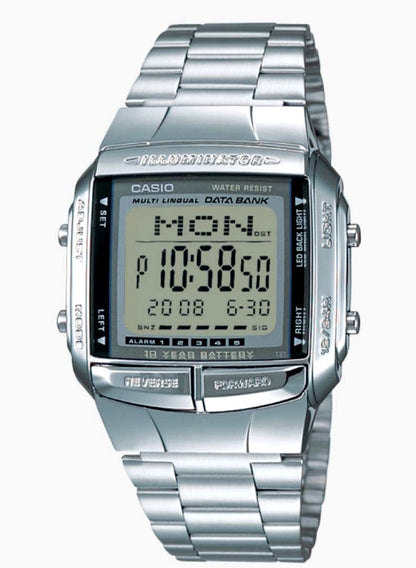Casio Data Bank Series Model DB-360-1AJH watch with square silver face and stainless steel band