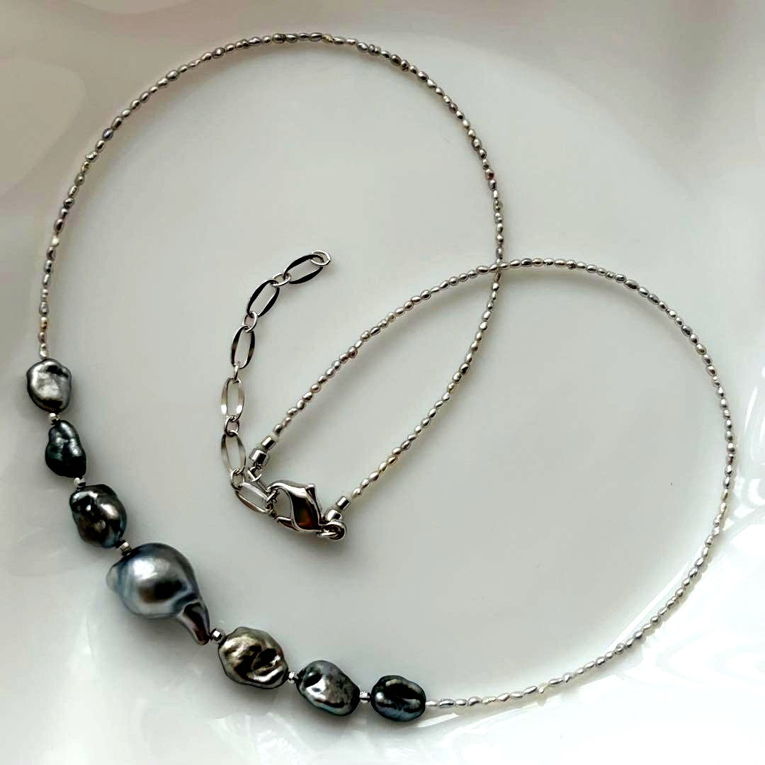 Black Butterfly Pearl Keshi and Baroque Pearl Agoya Sand Keshi Necklace with adjustable length