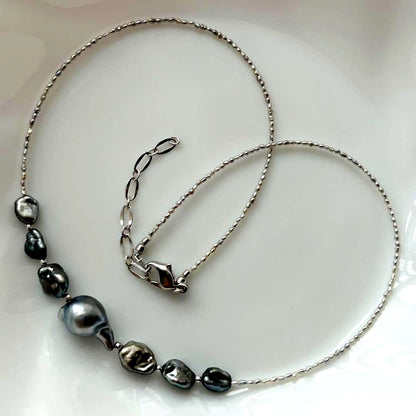 Black Butterfly Pearl Keshi and Baroque Pearl Agoya Sand Keshi Necklace with adjustable length
