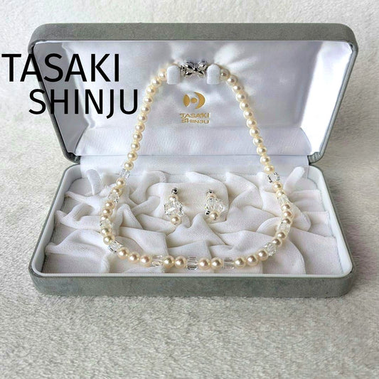 Tasaki Akoya pearl necklace and earrings set in SV K18WG with crystal accents, necklace length 42.5cm, earrings 3cm