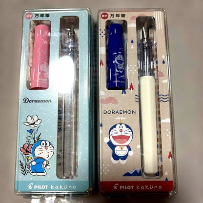 PILOT Kakuno Doraemon fountain pen set with pink and blue pens featuring triangular grips